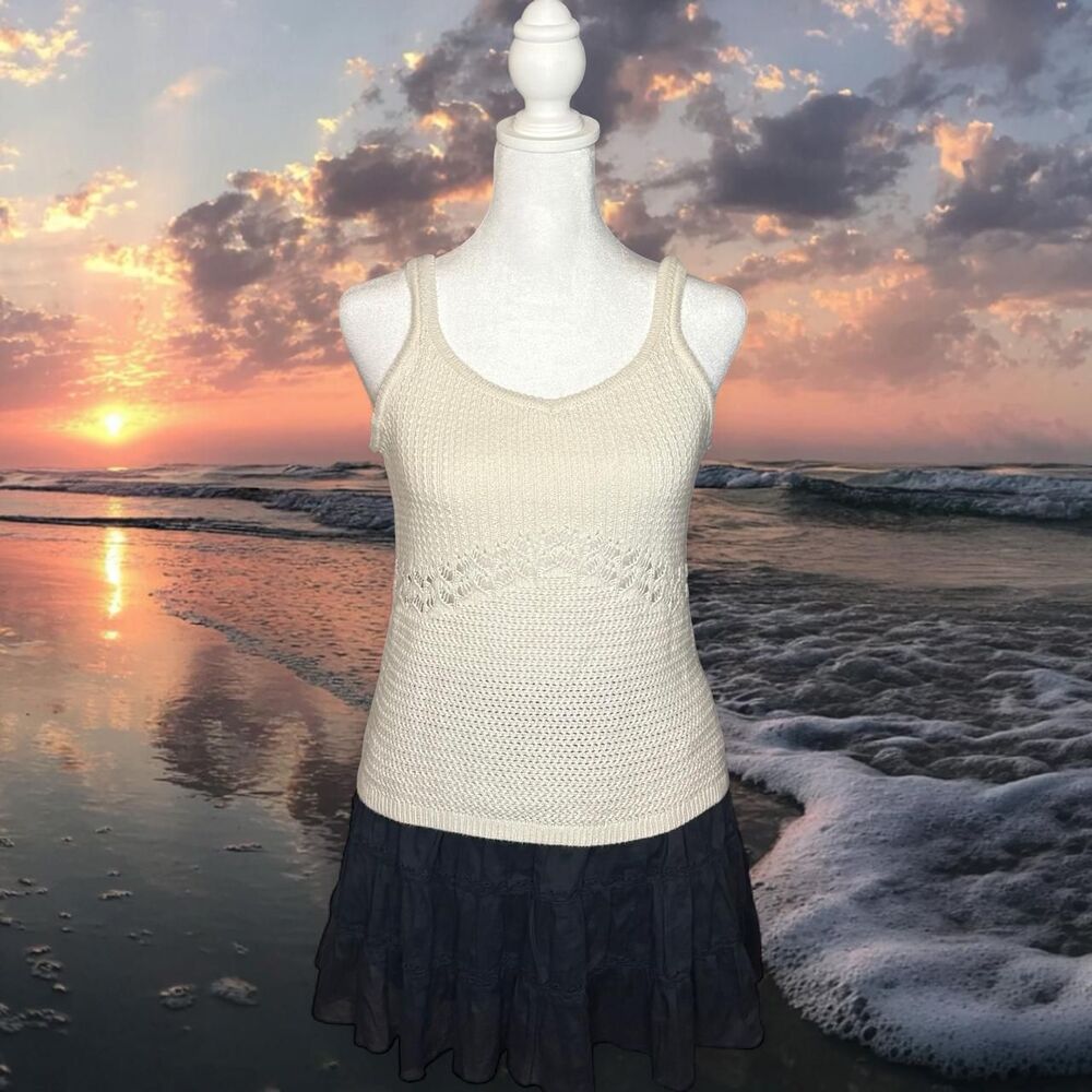 Old Navy Off White Ribbed Knit Tank Top Sz Small Cutout Crochet Boho Cottagecore